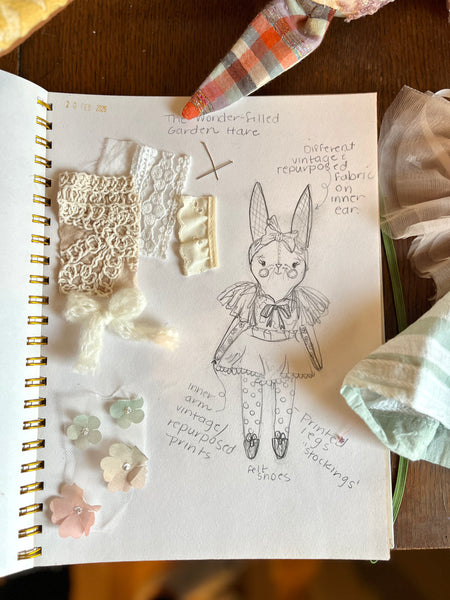 Notebook page with illustrations and text on a wooden surface