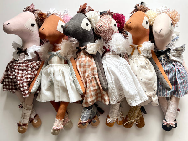 Wonder-Filled Bespoke Horse Doll // Brown & Cream Floral and Check - DaintyCheeks